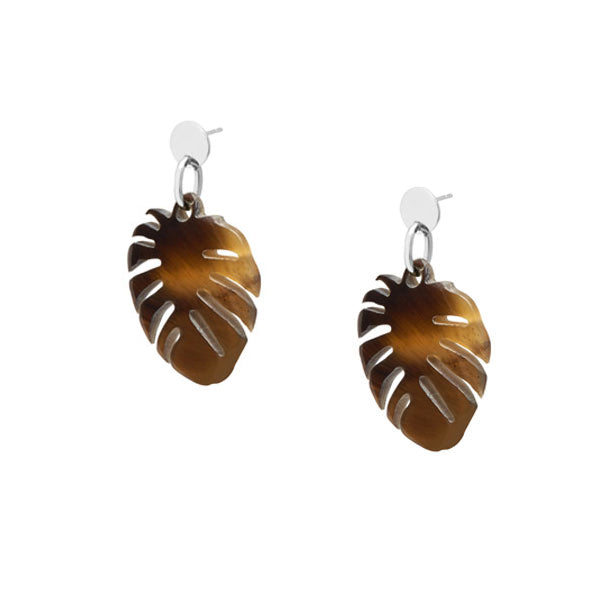 Branch Jewellery - Brown Natural horn Monstera palm leaf shaped earrings silver.