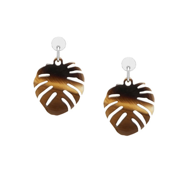 Branch Jewellery - Brown Natural horn Monstera palm leaf shaped earrings silver.