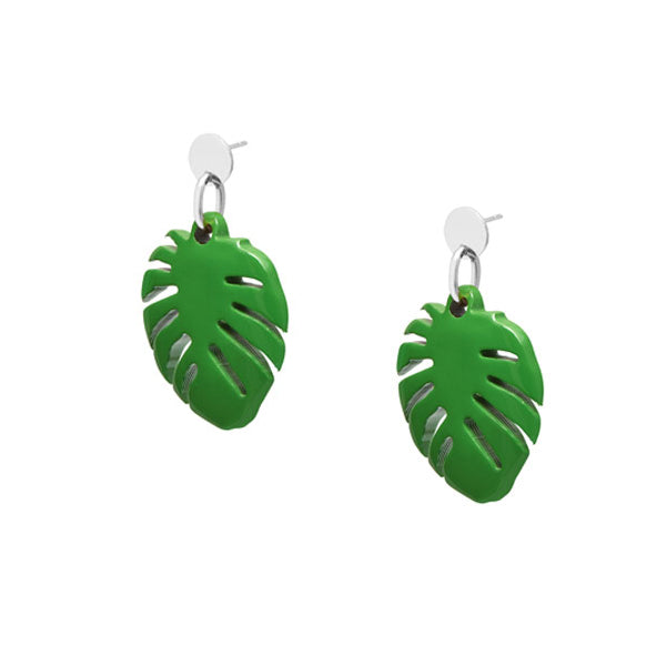 Branch Jewellery - Green lacquered horn Monstera palm leaf shaped earrings silver.