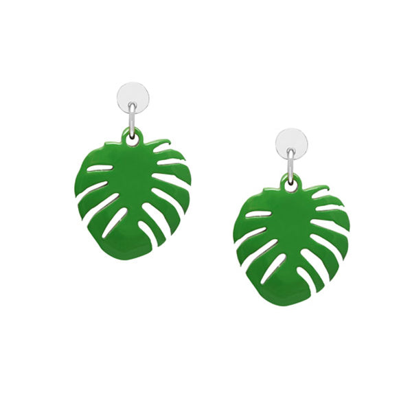 Branch Jewellery - Green lacquered horn Monstera palm leaf shaped earrings silver.