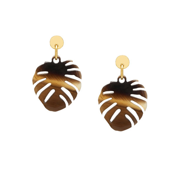 Branch Jewellery - Brown Natural horn Monstera palm leaf shaped earrings gold