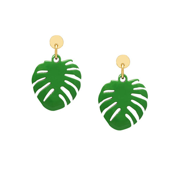 Branch Jewellery - Gold and Green lacquered horn Monstera palm leaf shaped earrings