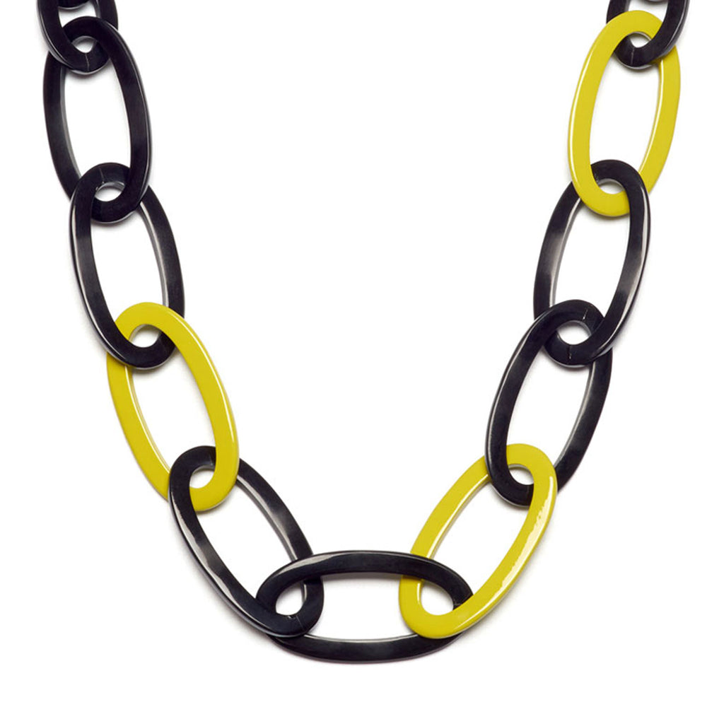 Branch Jewellery- Chartreruse and Black oval link long horn necklace.