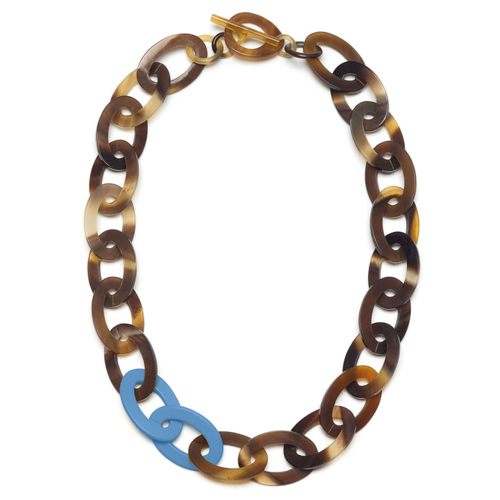 Brown natural and blue Mid length oval link necklace