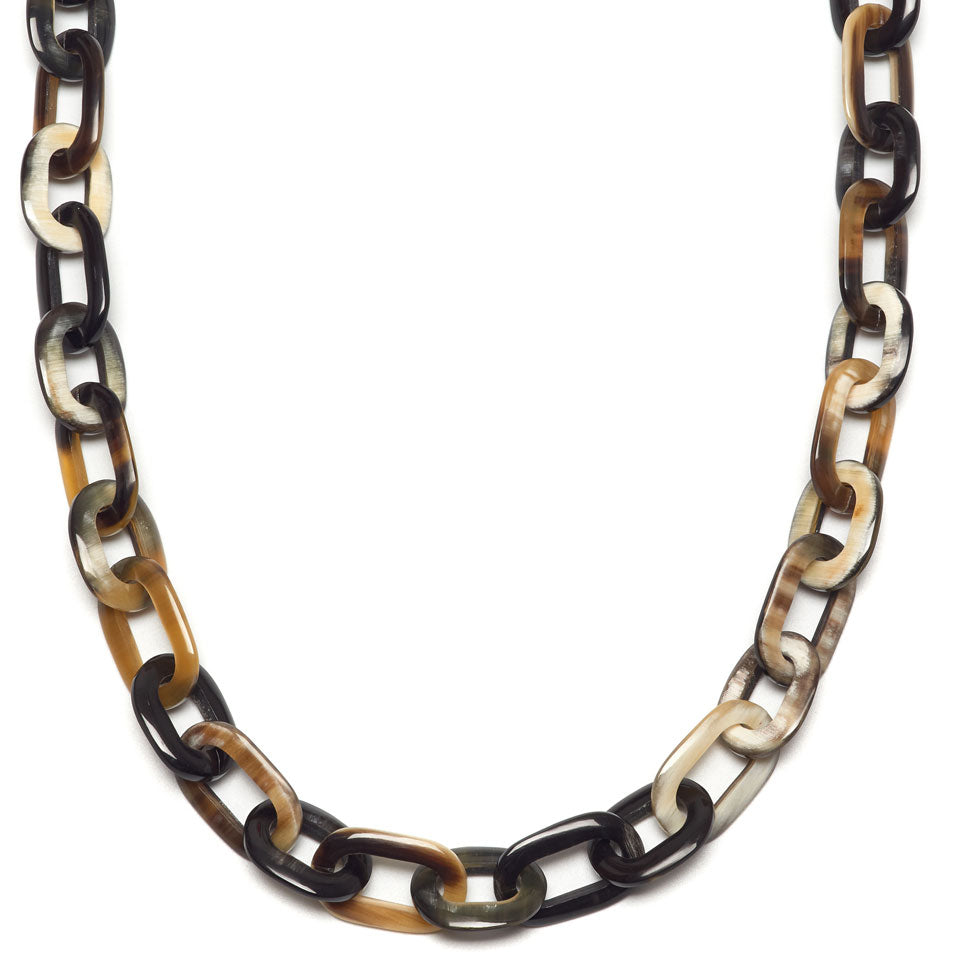 Mid Length oval link Buffalo horn necklace - Black Natural