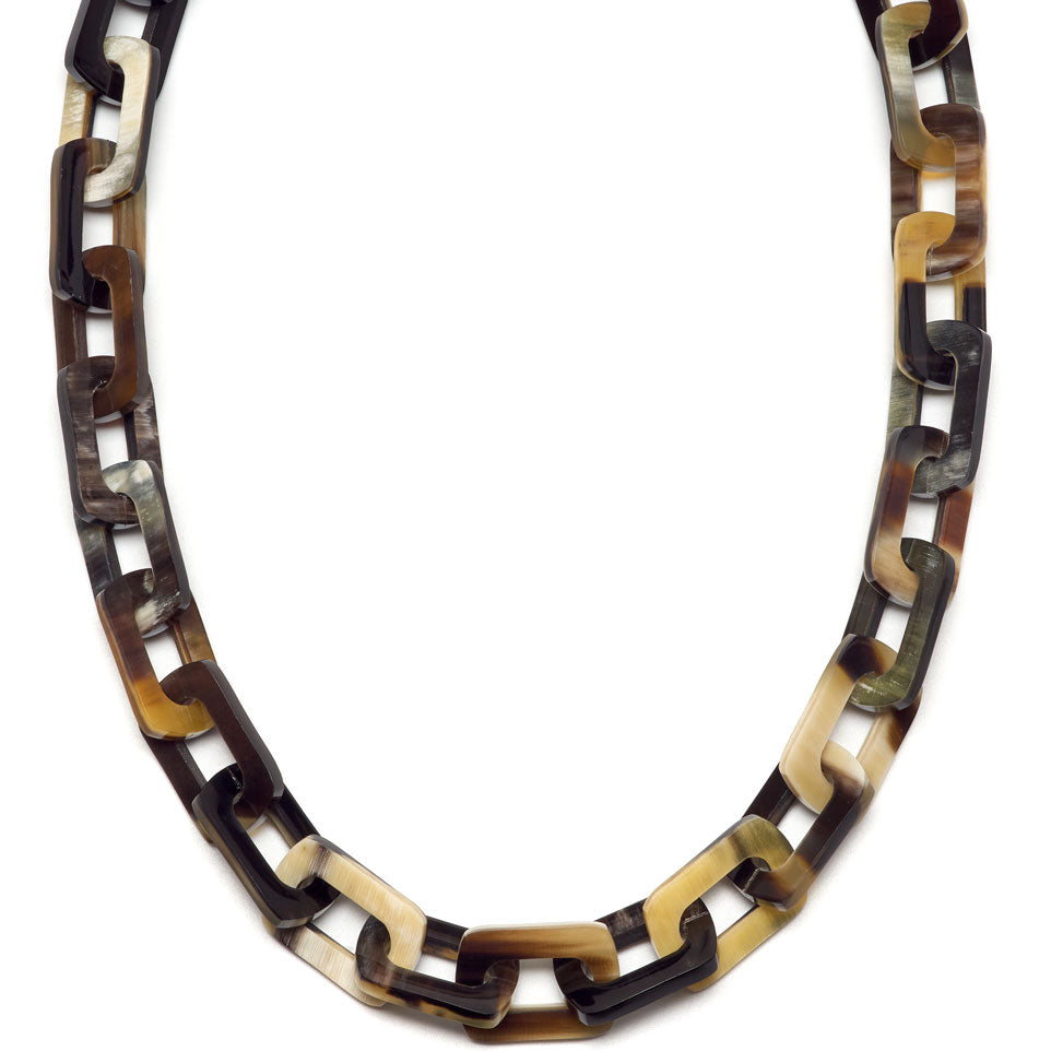 Mid Length rectangle chain link Buffalo horn necklace - Black Natural
