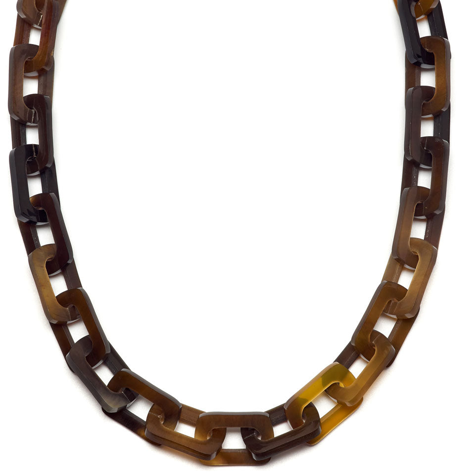 Mid Length rectangle chain link Buffalo horn necklace - Brown Natural
