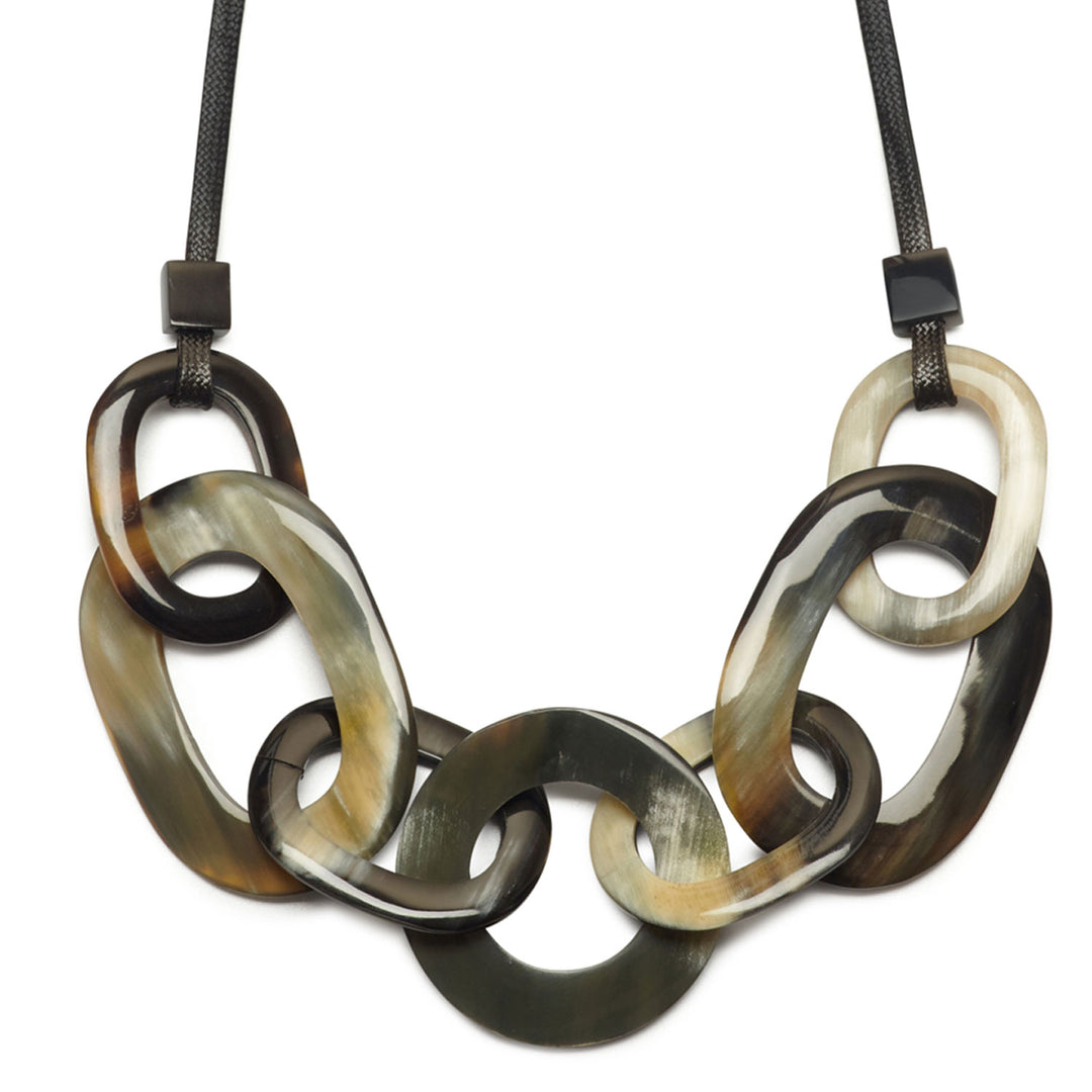 Black natural horn link and cord necklace