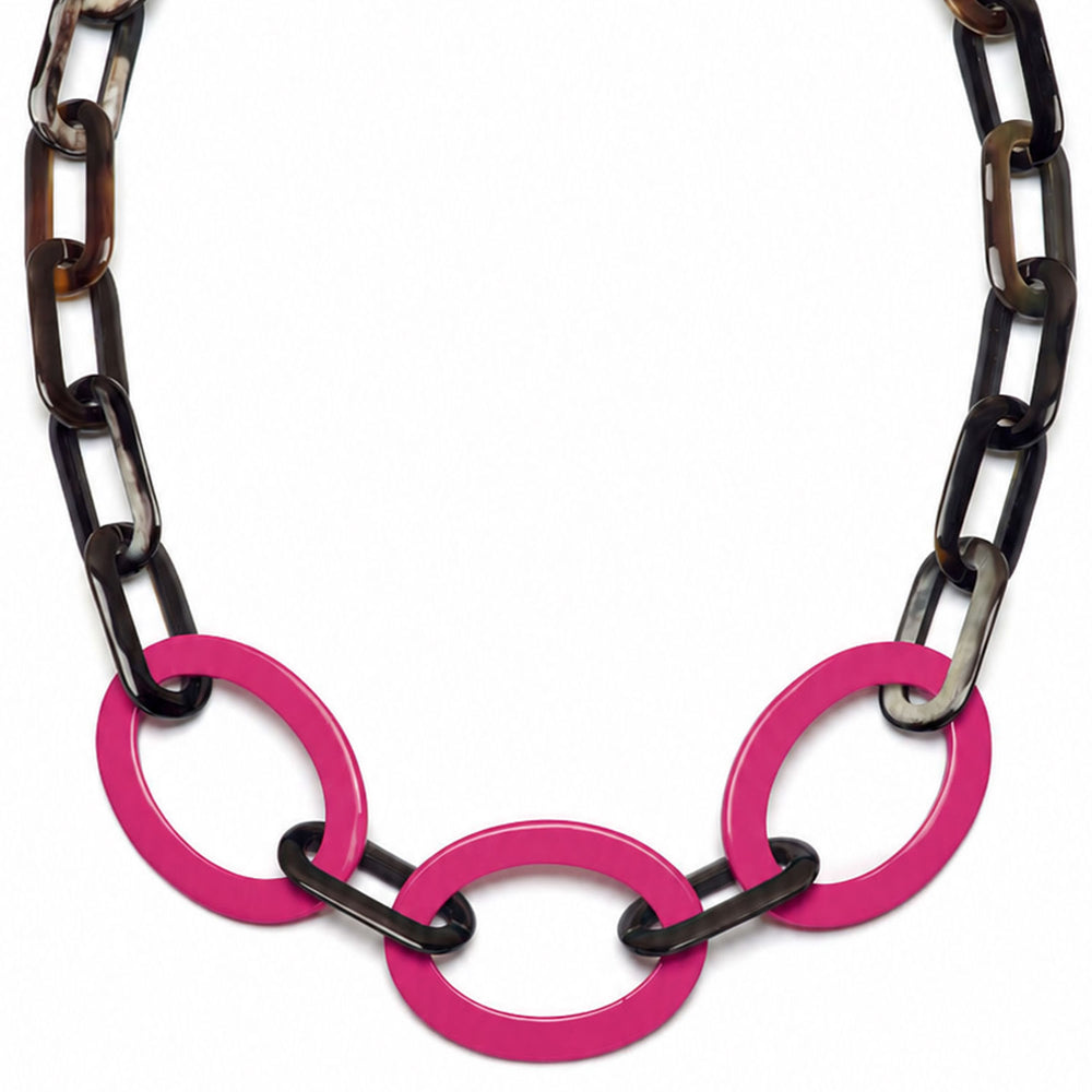 Branch Jewellery Fuchsia Pink and Black natural horn mid length oval link necklace