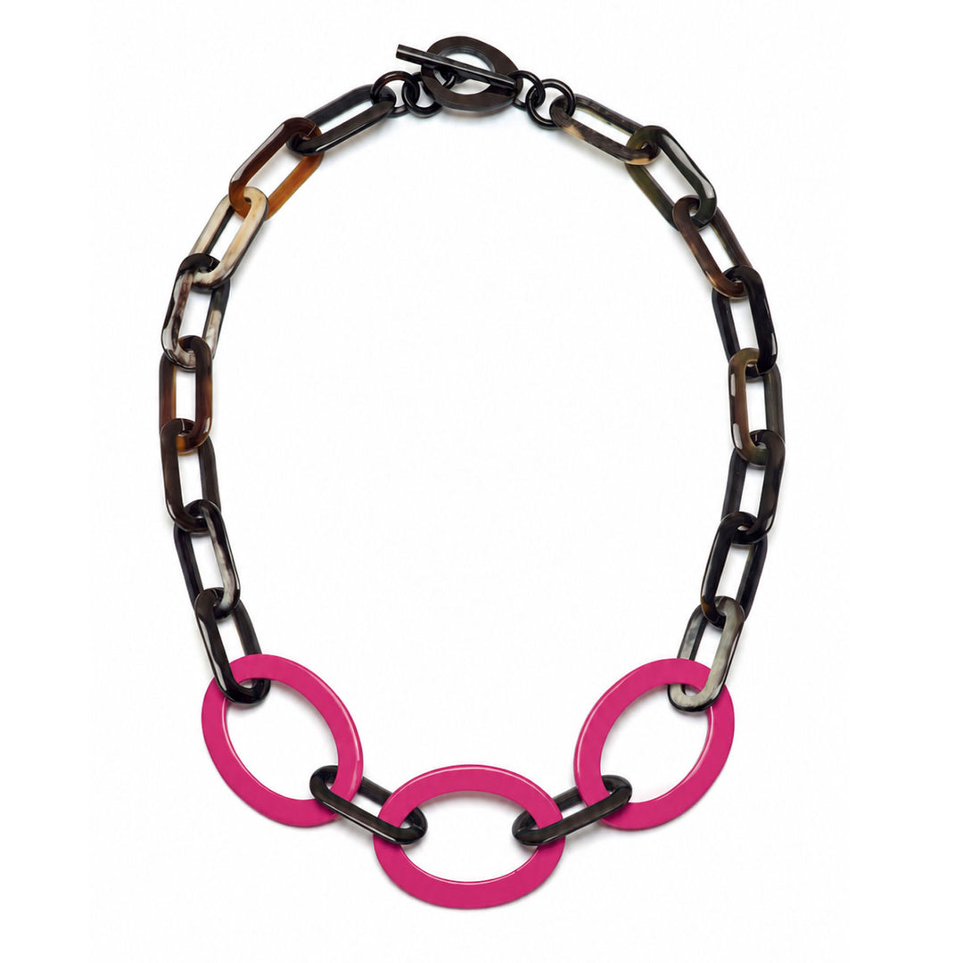 Branch Jewellery Fuchsia Pink and Black natural horn mid length oval link necklace