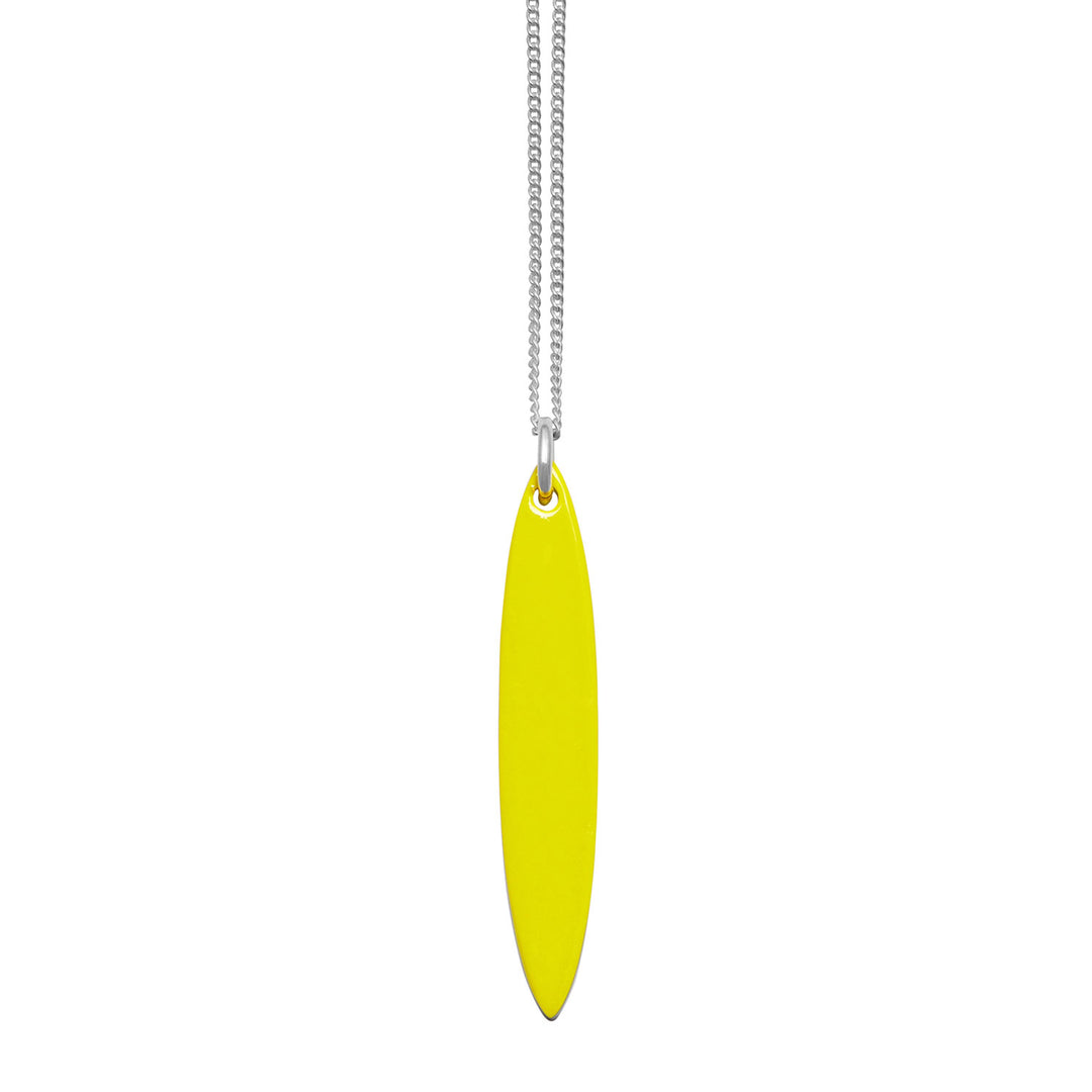 Branch Jewellery - long yellow and black reversable oval horn pendant on a sterling silver chain.