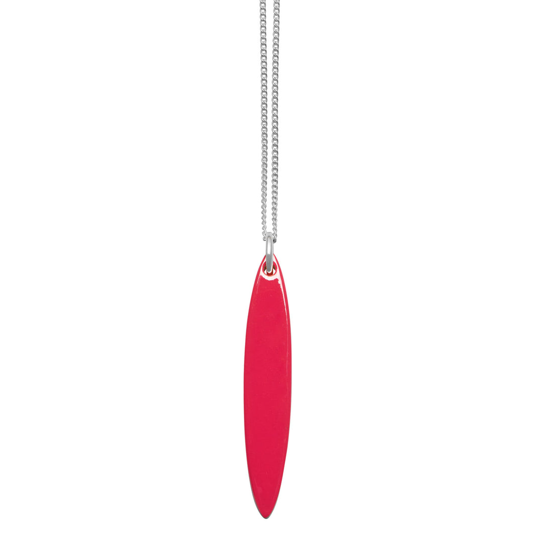 Branch Jewellery - long Red and black natural reversable oval horn pendant on a sterling silver chain.