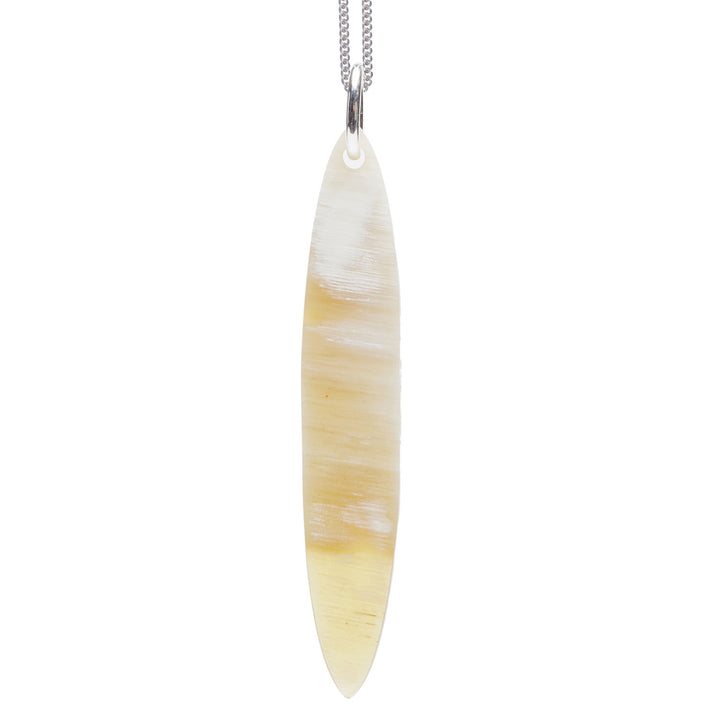 Branch Jewellery - long Blue and white natural reversable oval horn pendant on a sterling silver chain.
