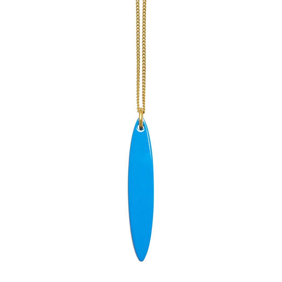 Branch Jewellery - long blue and white natural reversable oval horn pendant on a gold plated silver chain.