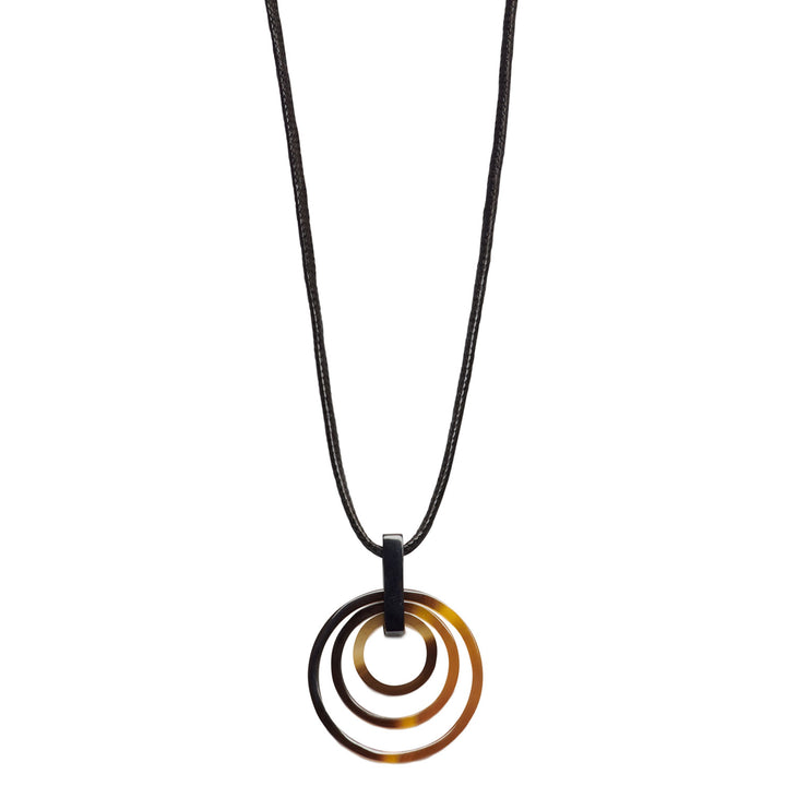 Brown natural triple ring horn and cord pendant