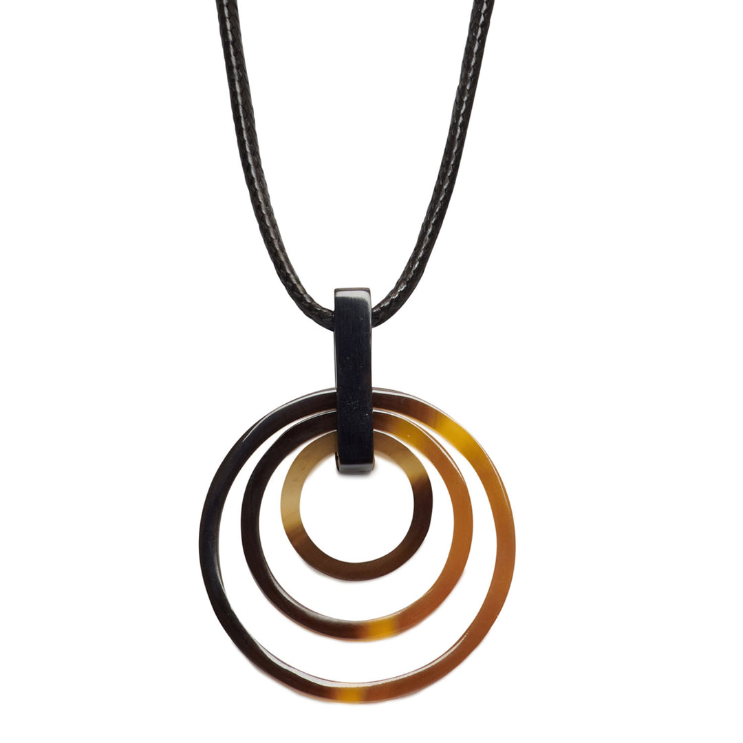 Brown natural triple ring horn and cord pendant