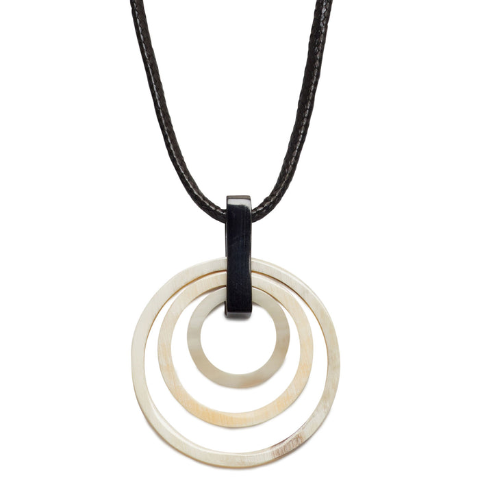 White natural triple ring horn and cord pendant