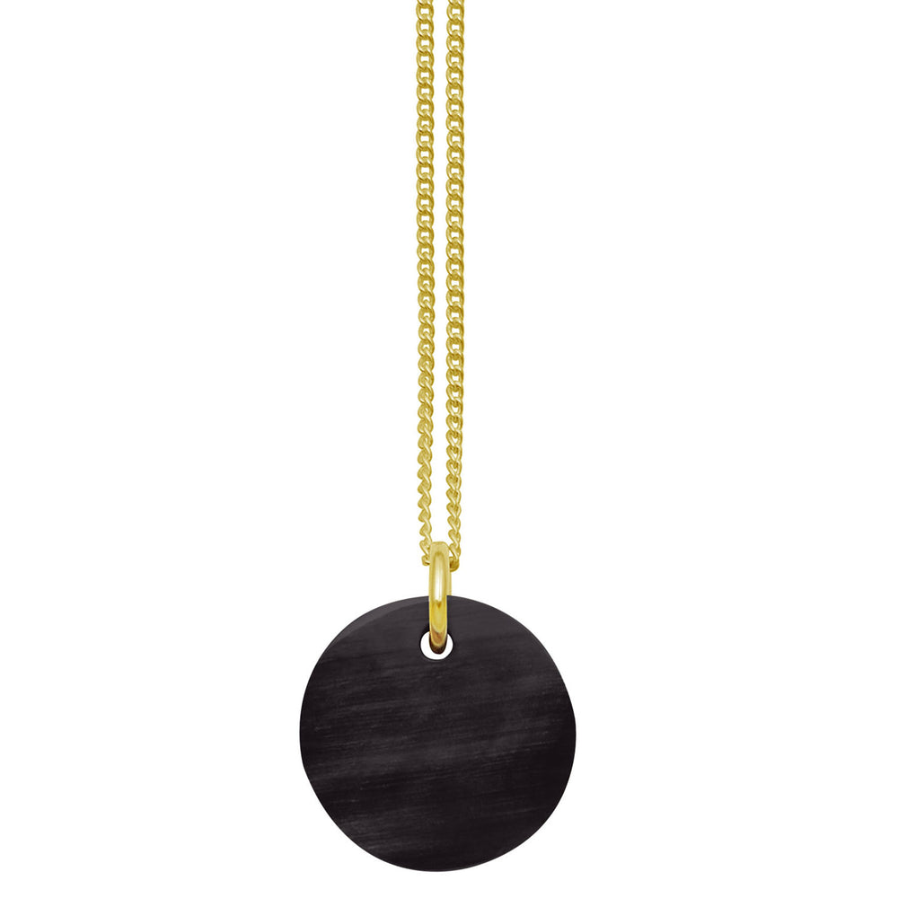 Branch Jewellery - small round reversable grey natural and black horn disc pendant on a gold plated silver chain.