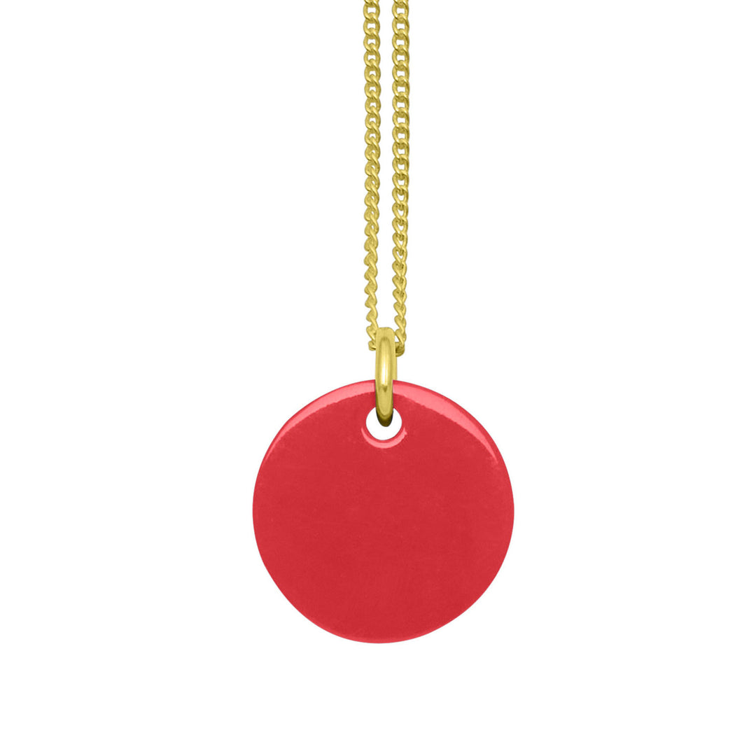 Branch Jewellery - small round reversable pink and white natural natural horn disc pendant on a gold plated silver chain.