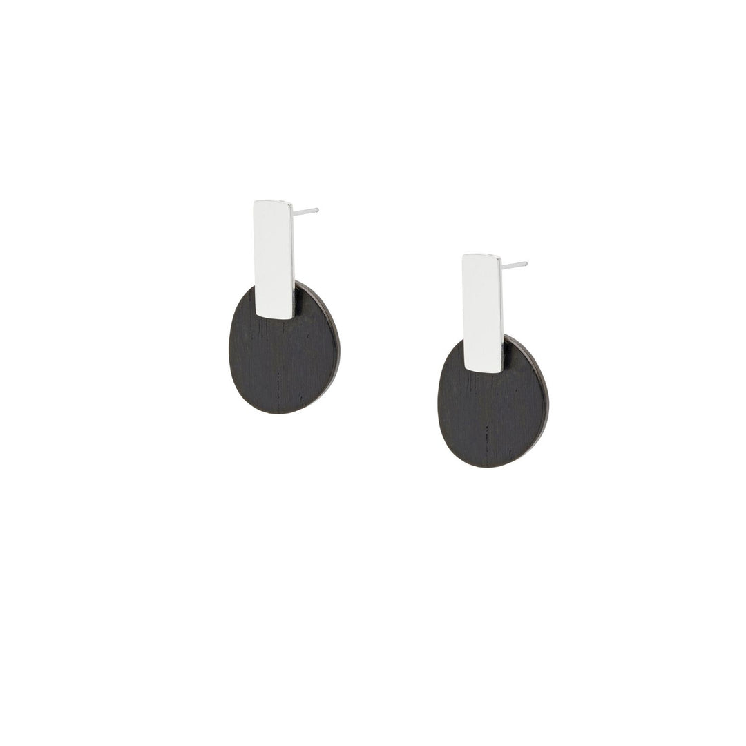 Maru Oval Black Wood and Silver Drop Earrings