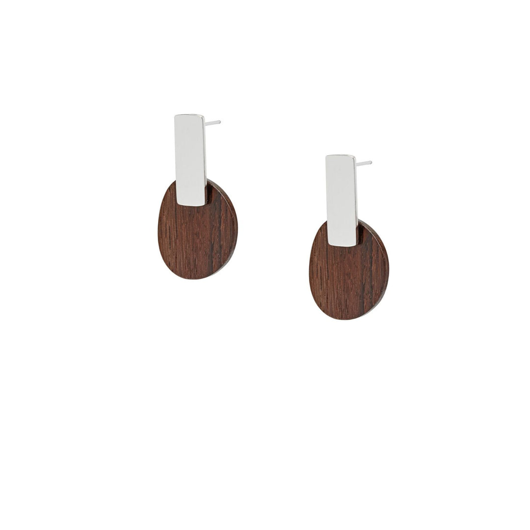 Maru Oval Brown Wood and Silver Drop Earrings