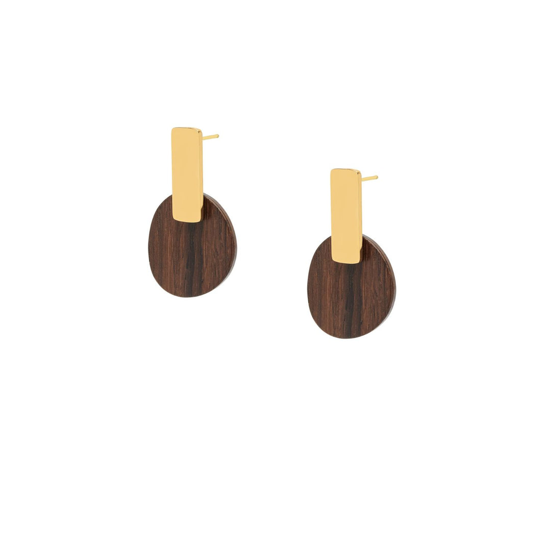 Maru Oval Brown Wood and Gold Drop Earrings