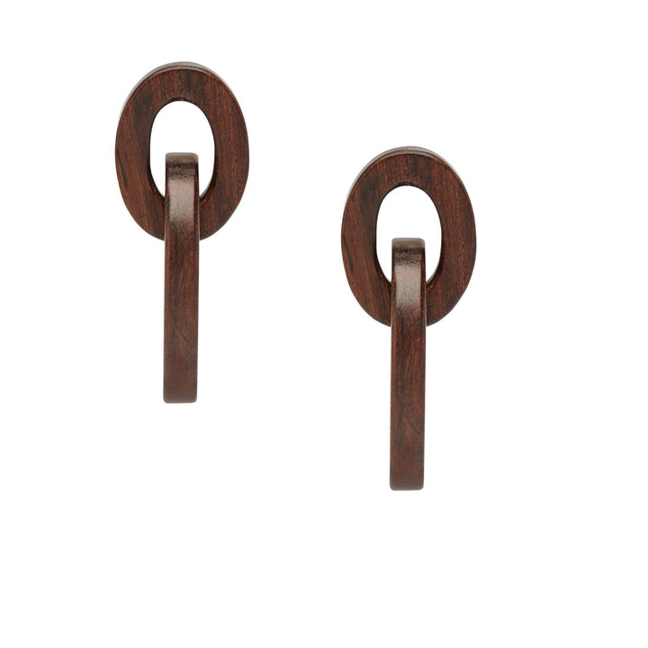 Aria - Interlocking Oval Brown Wood and Silver Link Earrings
