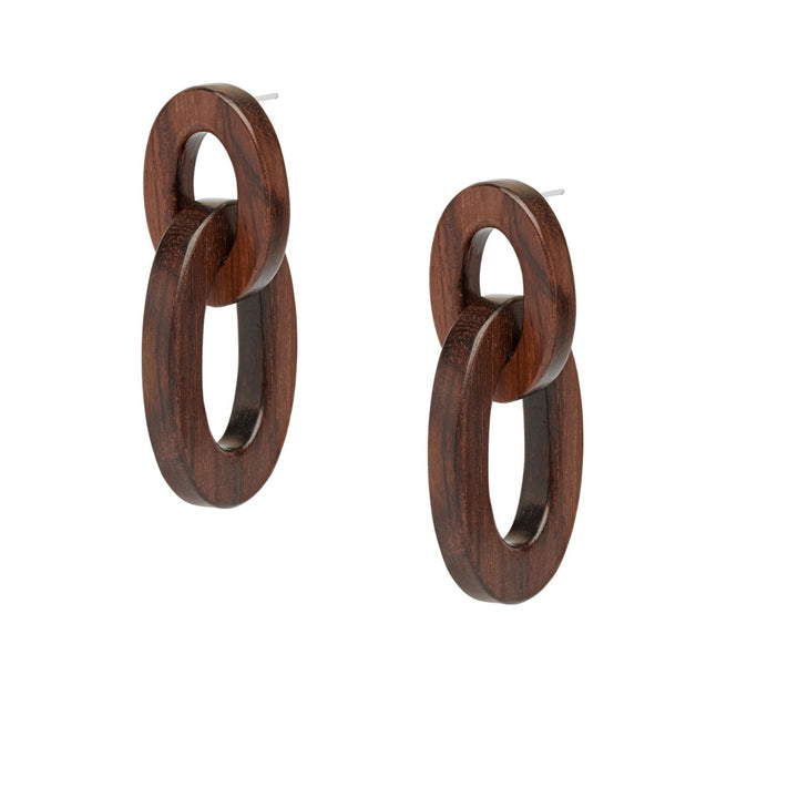 Aria - Interlocking Oval Brown Wood and Silver Link Earrings
