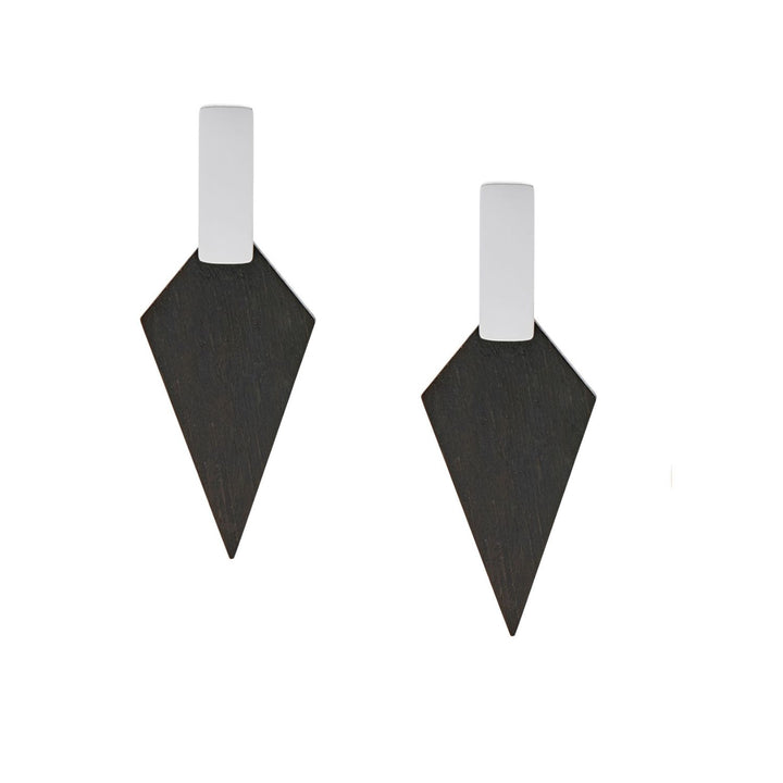 Kite Geometric Black Wood and Silver Stud Earrings