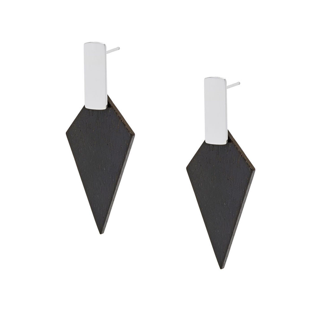 Kite Geometric Black Wood and Silver Stud Earrings