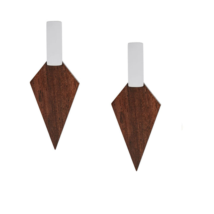 Kite Geometric Brown Wood and Silver Stud Earrings