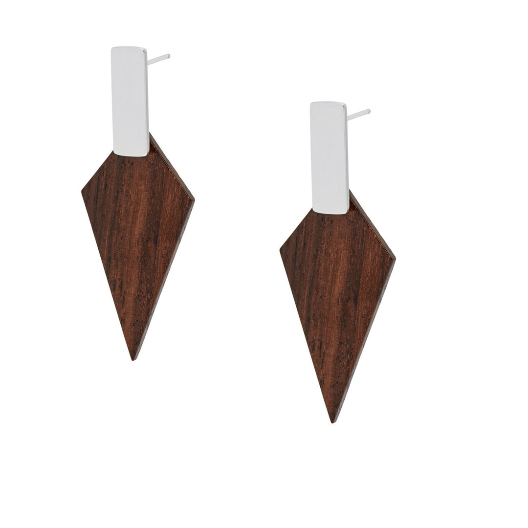 Kite Geometric Brown Wood and Silver Stud Earrings