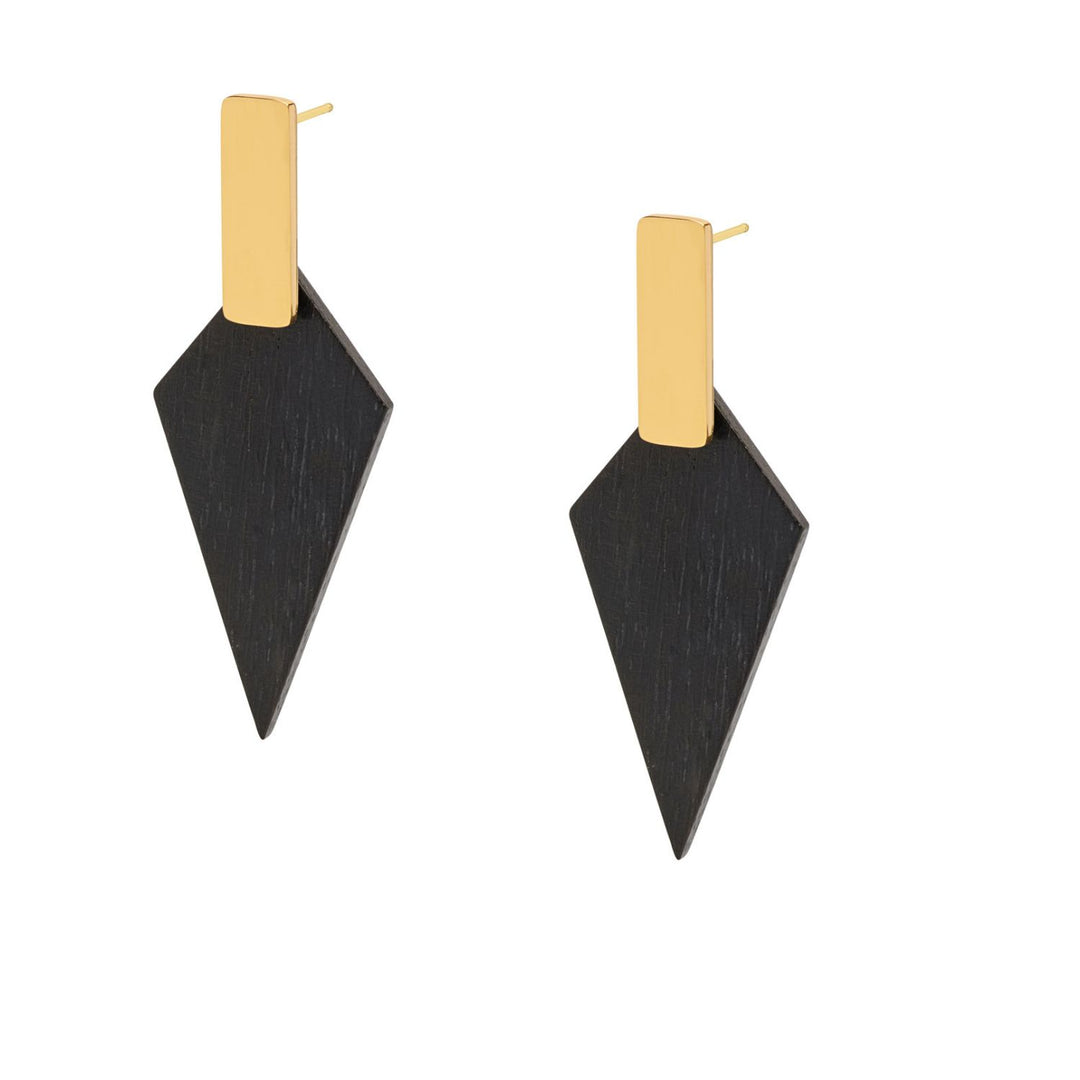 Kite Geometric Black Wood and Gold Stud Earrings