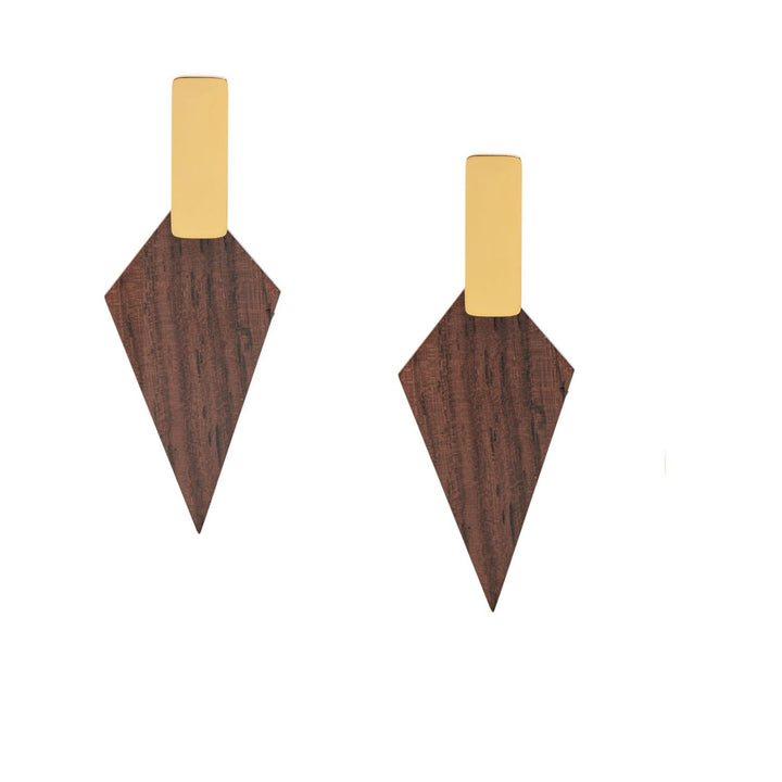 Kite Geometric Brown Wood and Gold Stud Earrings