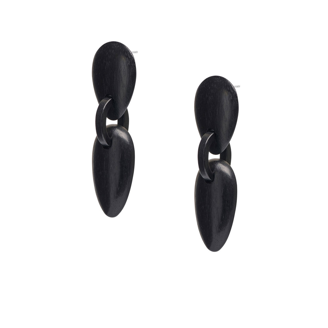 Amara Tribal Black Wood and Silver Oval Drop Earrings