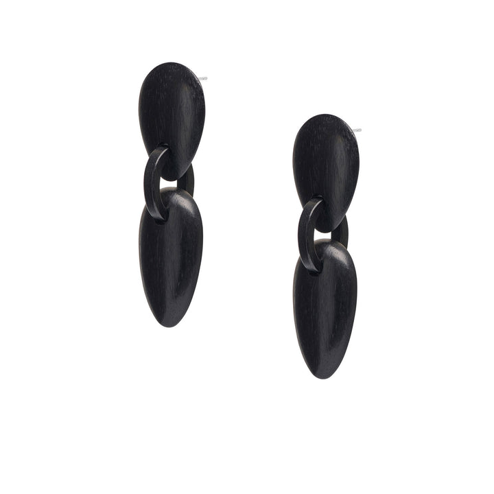 Amara Tribal Black Wood and Silver Oval Drop Earrings