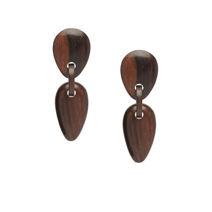 Amara Tribal Brown Wood and Silver Oval Drop Earrings