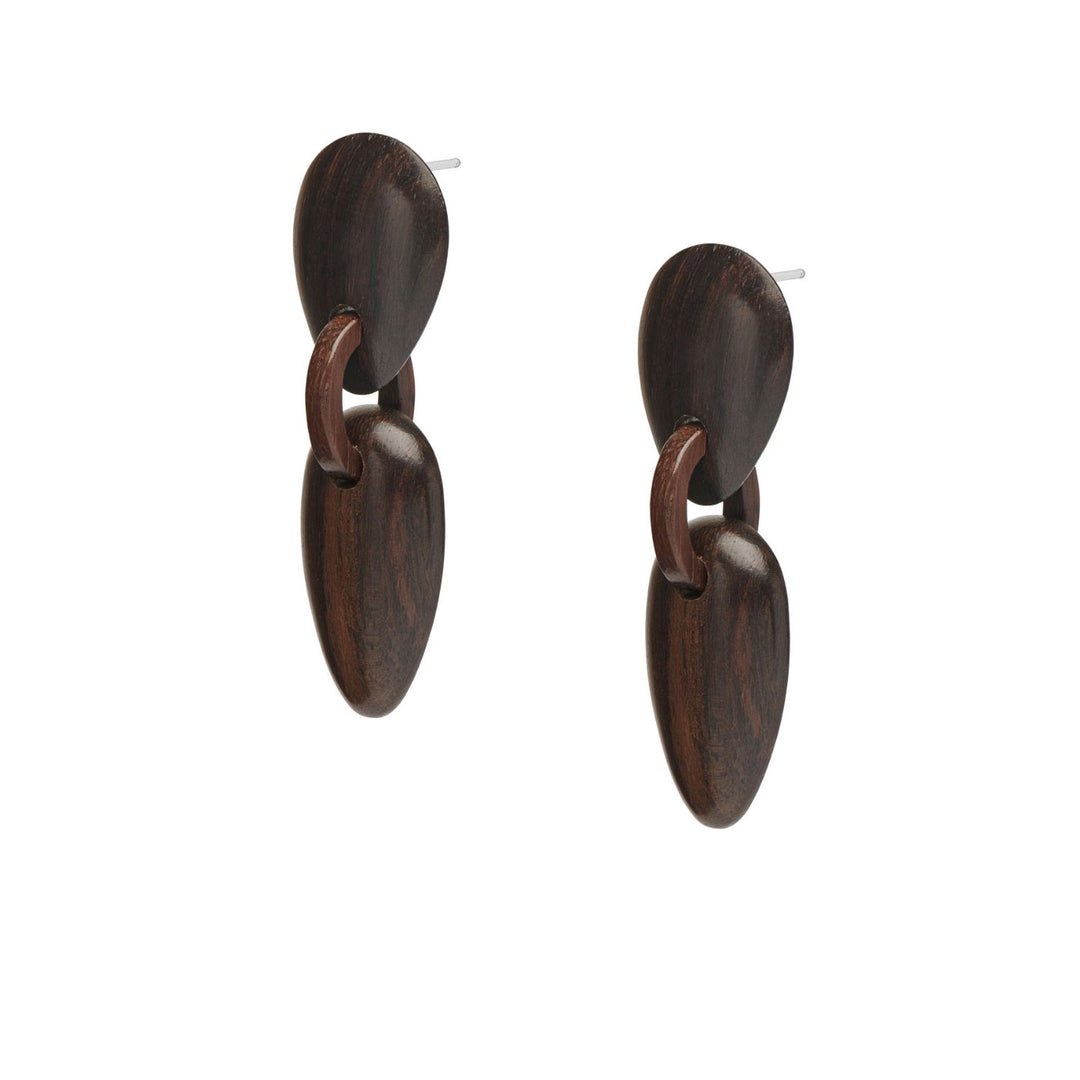 Amara Tribal Brown Wood and Silver Oval Drop Earrings