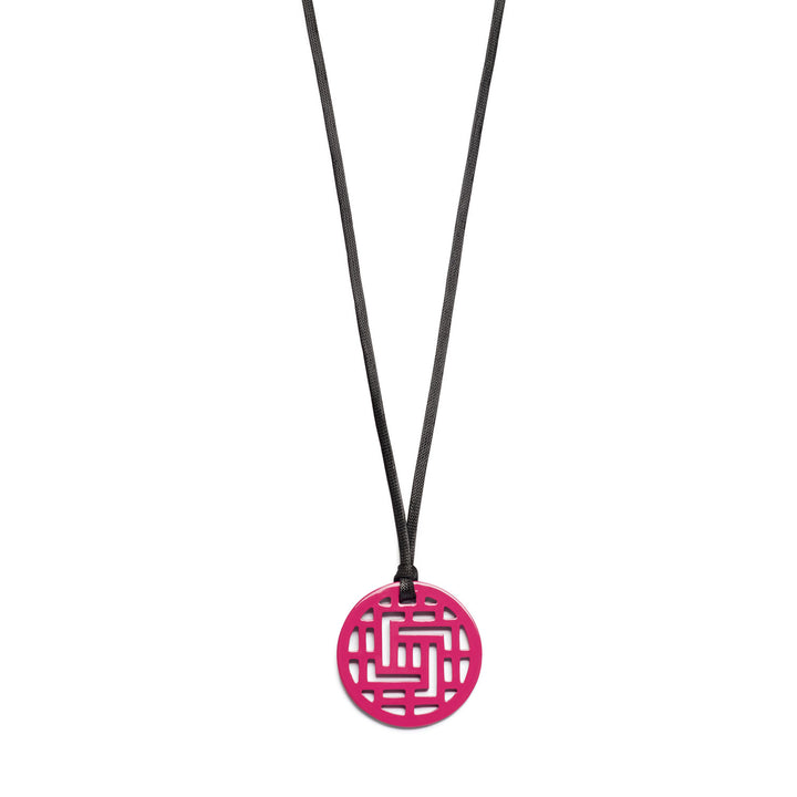 Branch Jewellery Moko Geometric Patterned Fuschia Pink Round cut-out Horn Pendant on black adjustable cord.