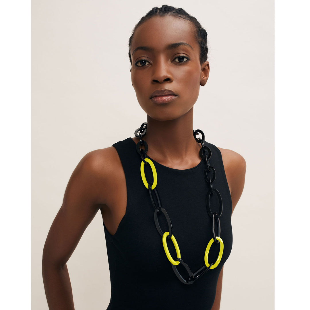 Branch Jewellery- Chartreruse and Black oval link long horn necklace.
