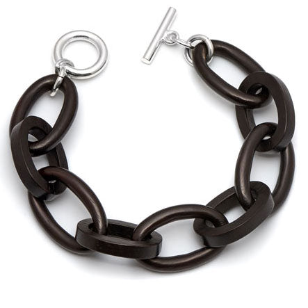 Black wood oval link bracelet - Silver