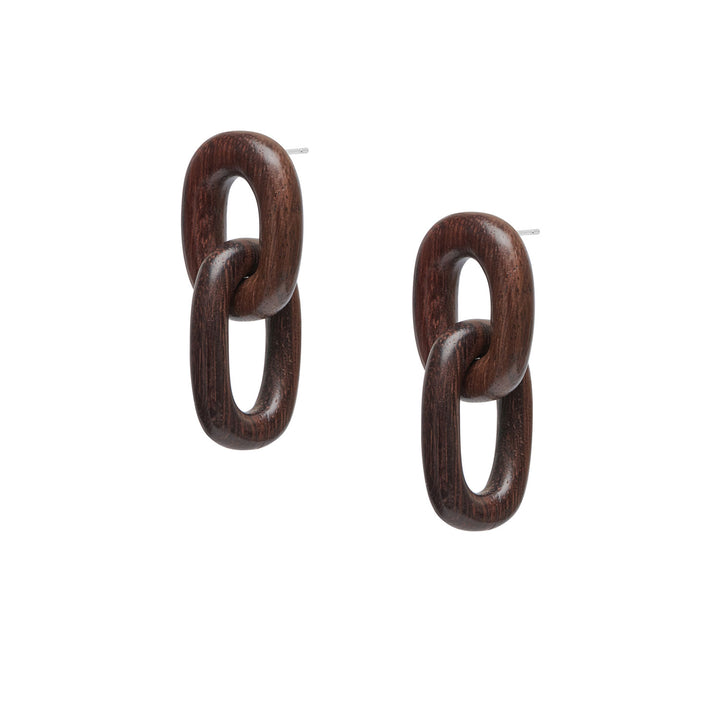 Branch Jewellery - Brown wooden oval link drop earrings with a double-link design.