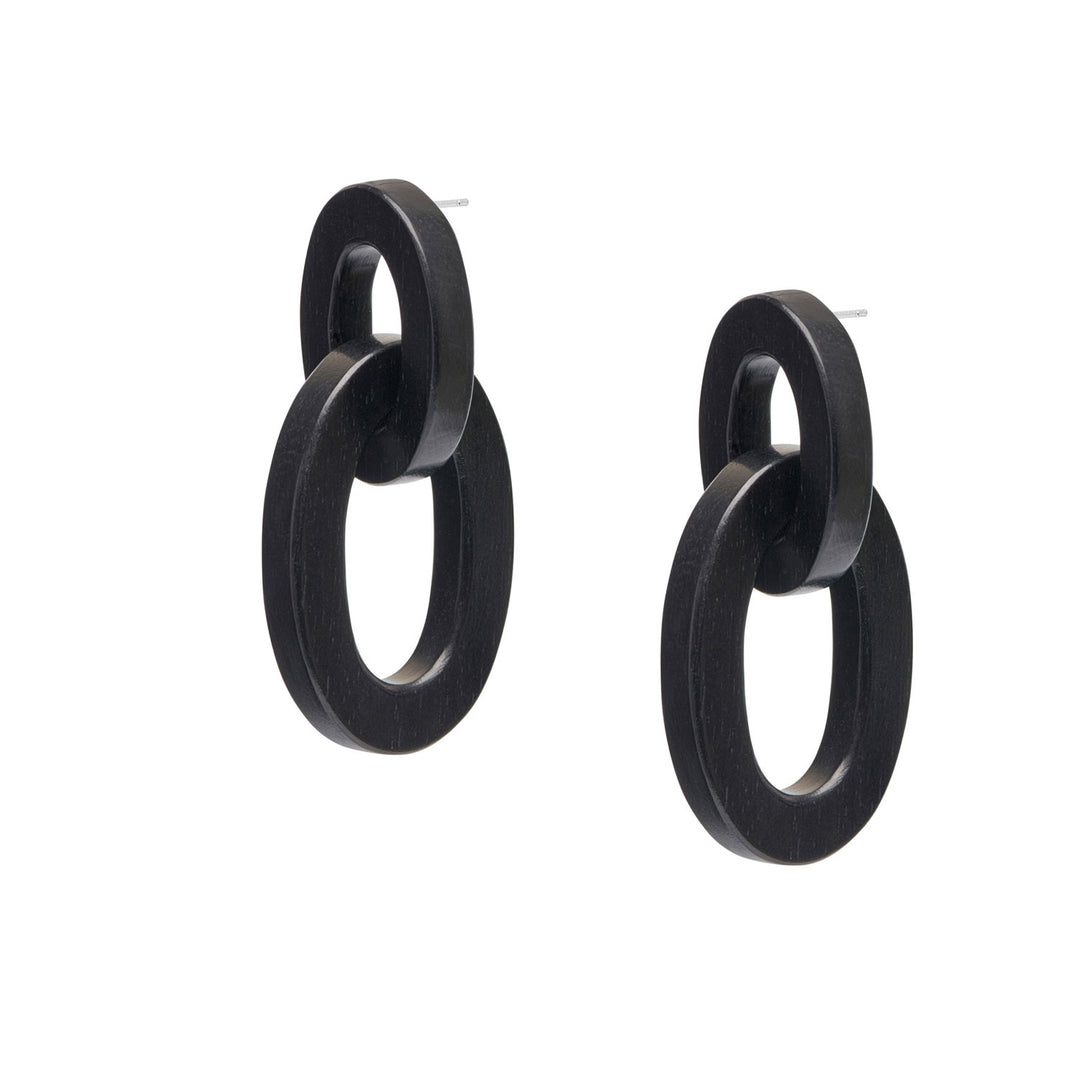 Aria - Interlocking Oval Black Wood and Silver Link Earrings