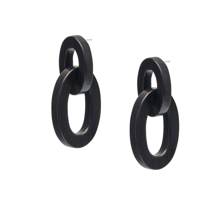 Aria - Interlocking Oval Black Wood and Silver Link Earrings