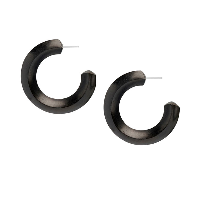 Dara Handcrafted Black Wood and Silver Hoop Earrings