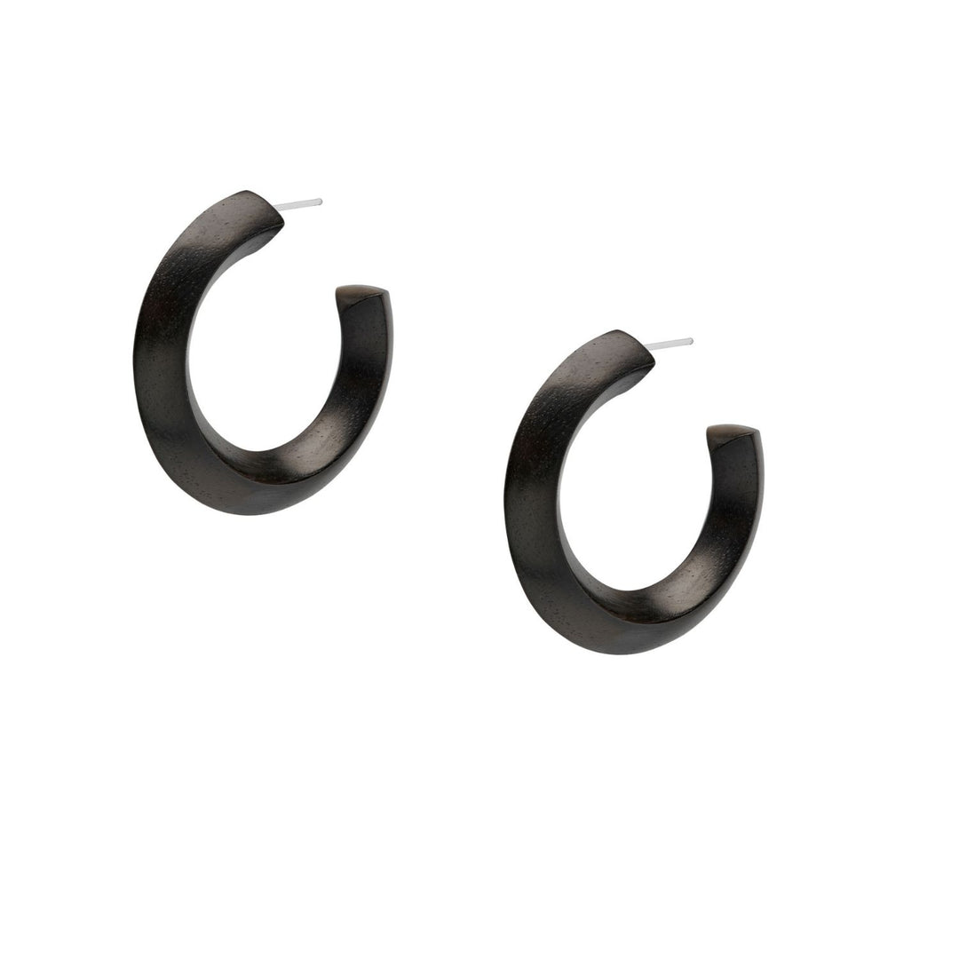 Dara Handcrafted Black Wood and Silver Hoop Earrings