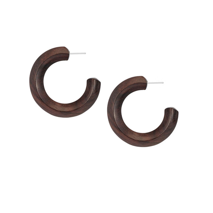 Dara Handcrafted Brown Wood and Silver Hoop Earrings
