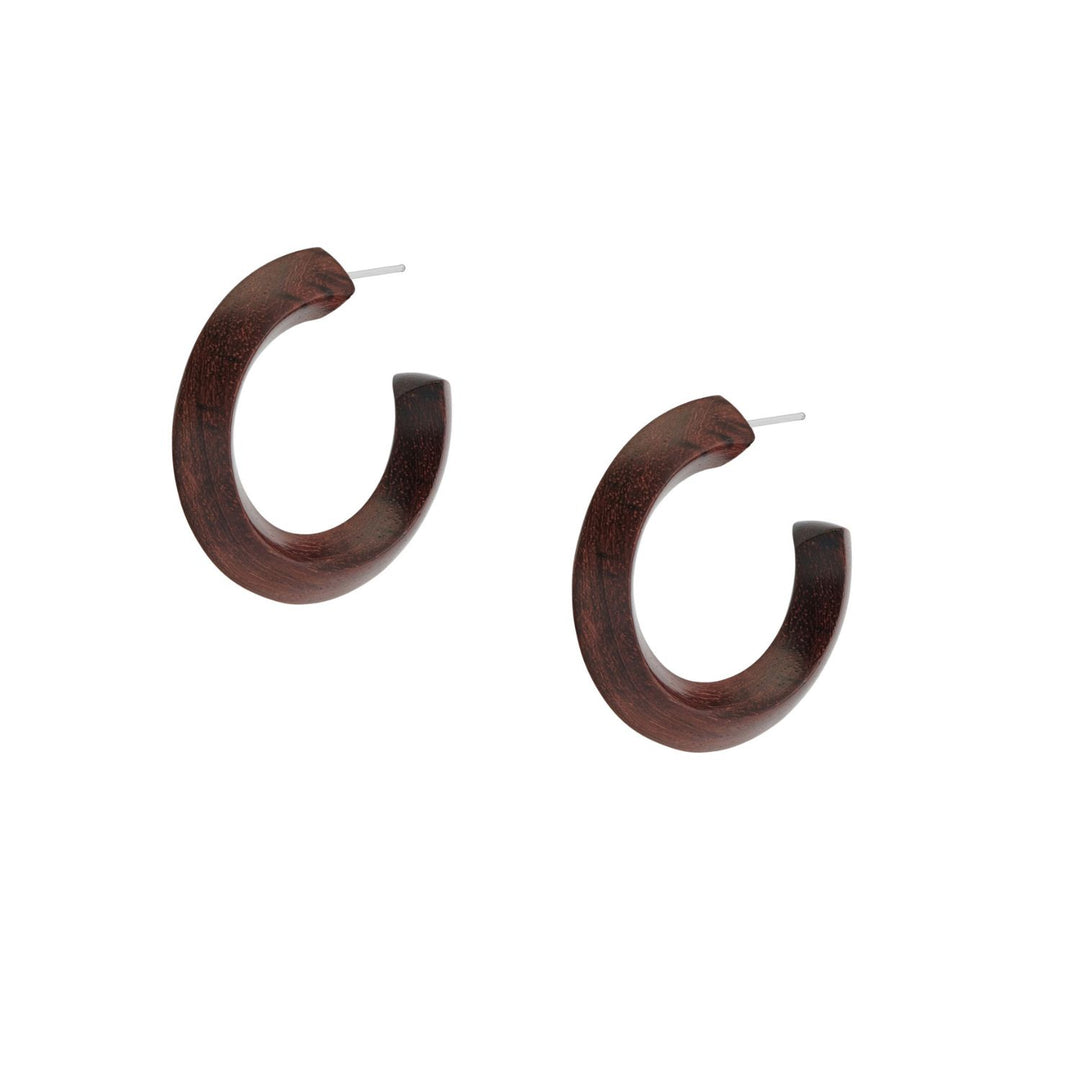 Dara Handcrafted Brown Wood and Silver Hoop Earrings