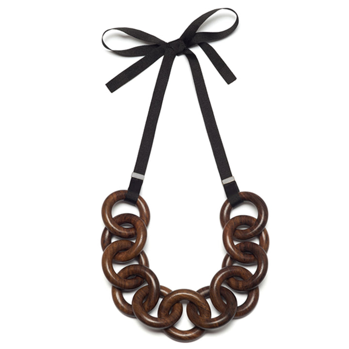 Branch Jewellery Brown wood chunky circle link necklace on black ribbon