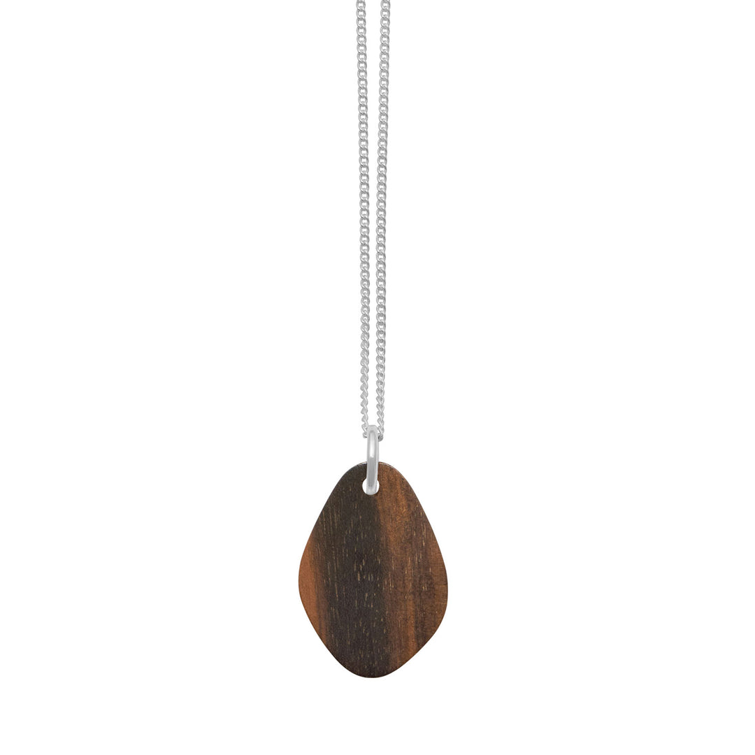 Brown wood flat oval shaped pendant - Silver
